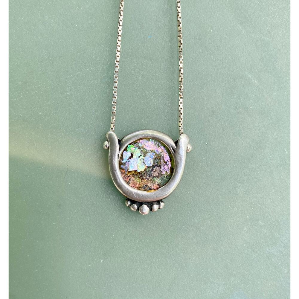 Vintage Sterling Silver Necklace, Roman Glass Box Chain
